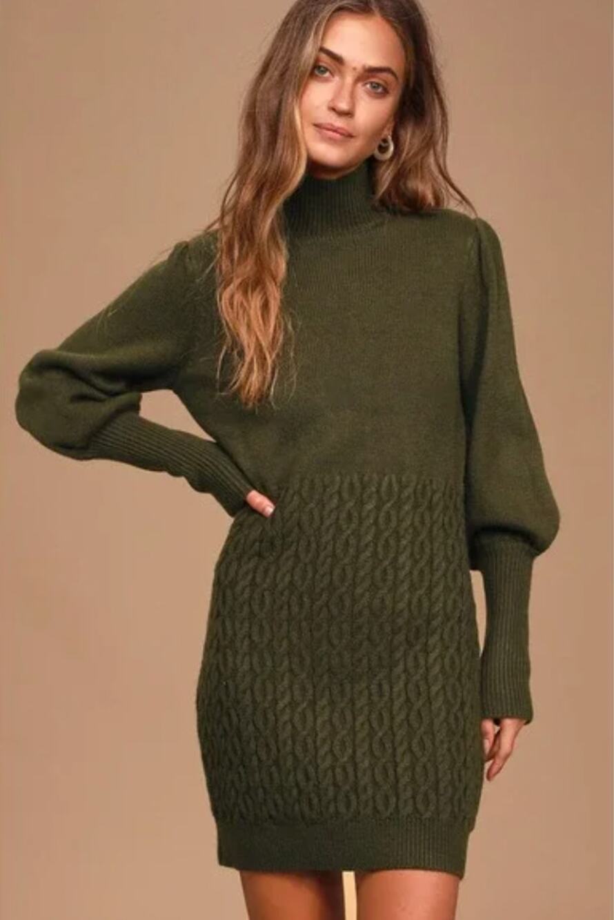 Lulu's Fresh Perspective Olive Green Cable Knit Sweater Dress Small Holiday Xmas